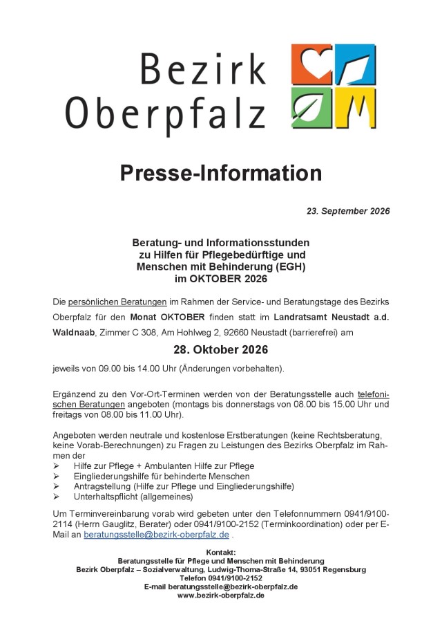 Beratung- und Informationsstunden  zu Hilfen für Pflegebedürftige und  Menschen mit Behinderung (EGH) im OKTOBER 2026